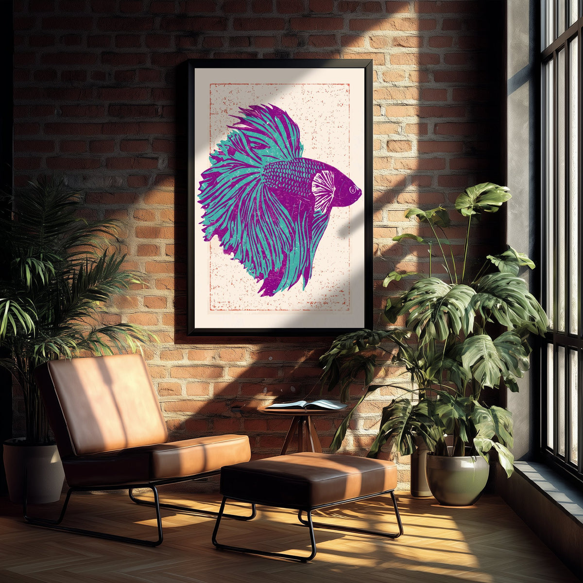 Betta Fish Art Print - Purple and Turquoise Siamese Fighting Fish Poster - Linocut Woodcut Illustration V2 1/3