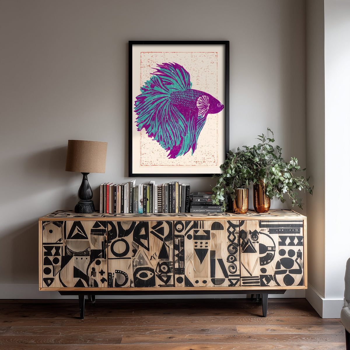Betta Fish Art Print - Purple and Turquoise Siamese Fighting Fish Poster - Linocut Woodcut Illustration V2 1/3