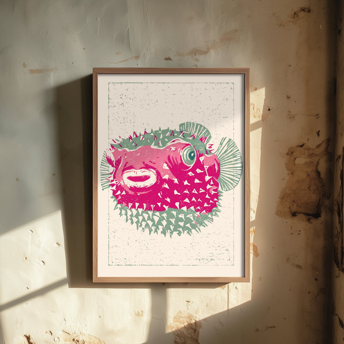 Pufferfish Poster - Spiky Pink Blowfish Art Print - Quirky Linocut Style Fish Woodcut Illustration V2 2/3