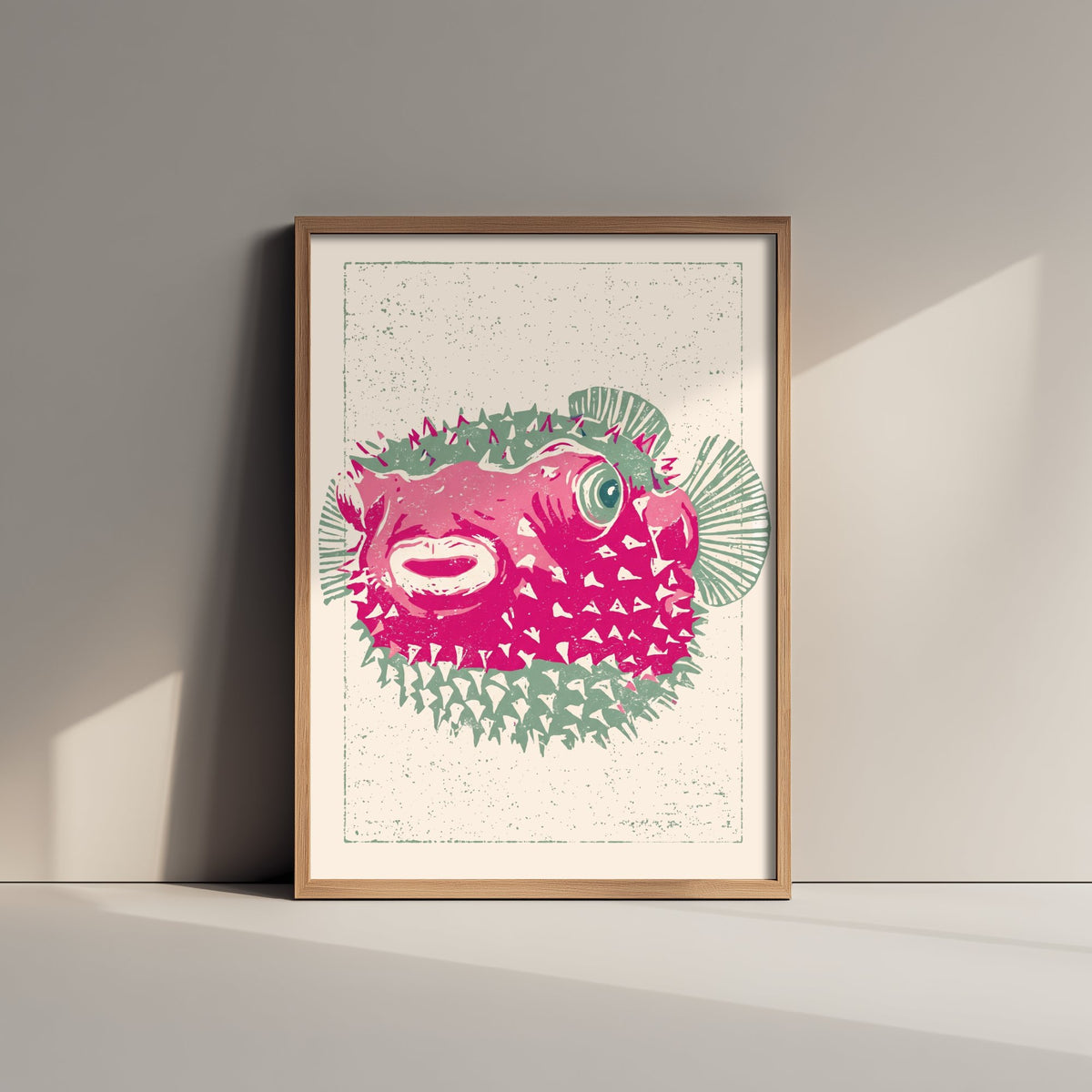 Pufferfish Poster - Spiky Pink Blowfish Art Print - Quirky Linocut Style Fish Woodcut Illustration V2 2/3