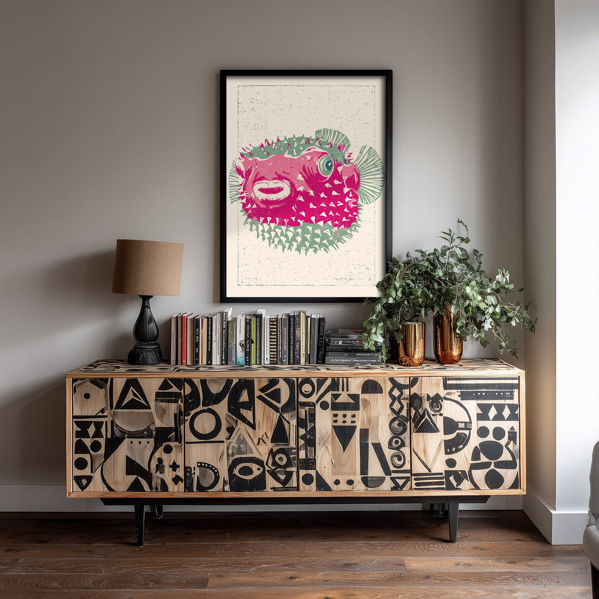 Pufferfish Poster - Spiky Pink Blowfish Art Print - Quirky Linocut Style Fish Woodcut Illustration V2 2/3