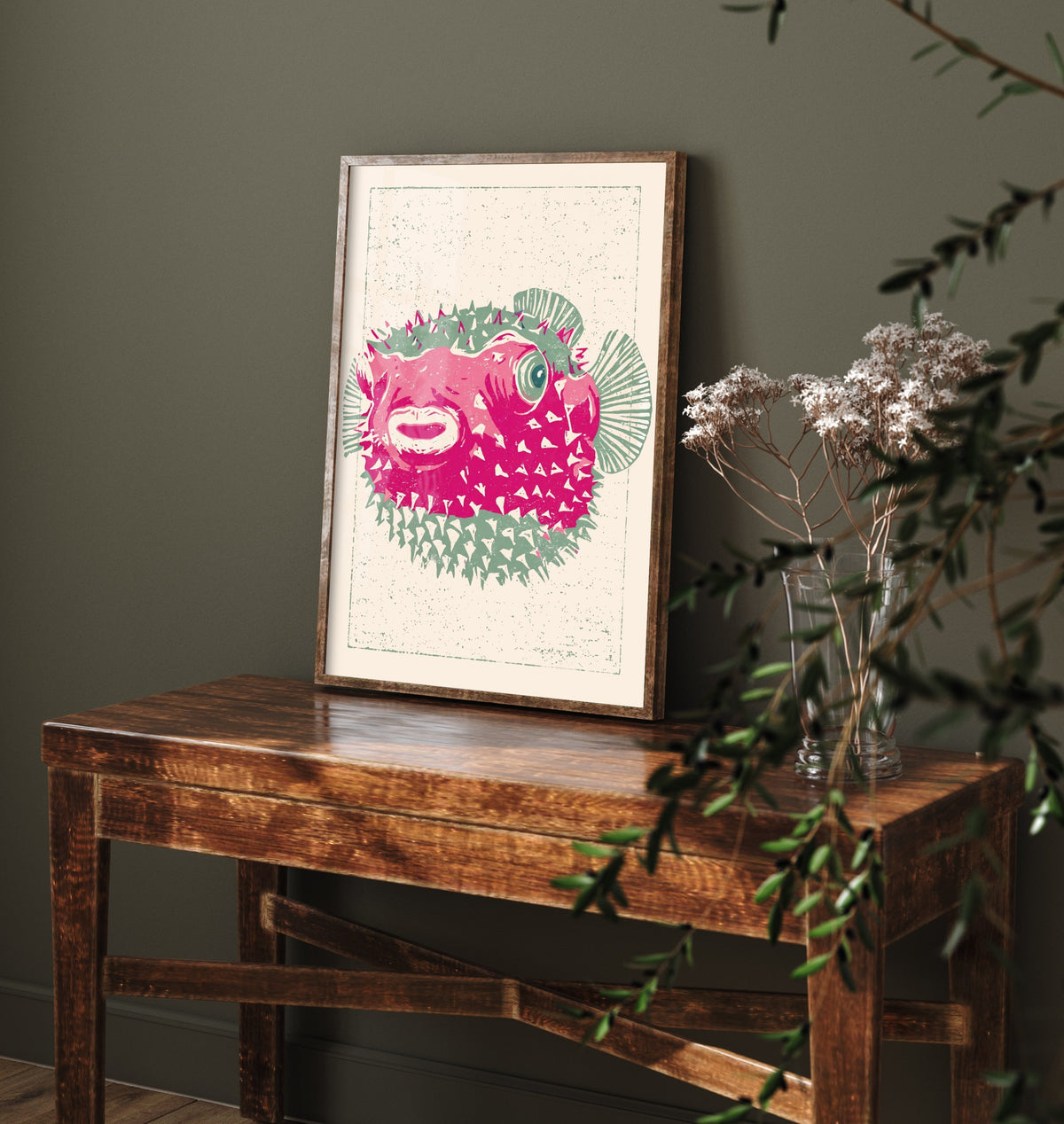Pufferfish Poster - Spiky Pink Blowfish Art Print - Quirky Linocut Style Fish Woodcut Illustration V2 2/3