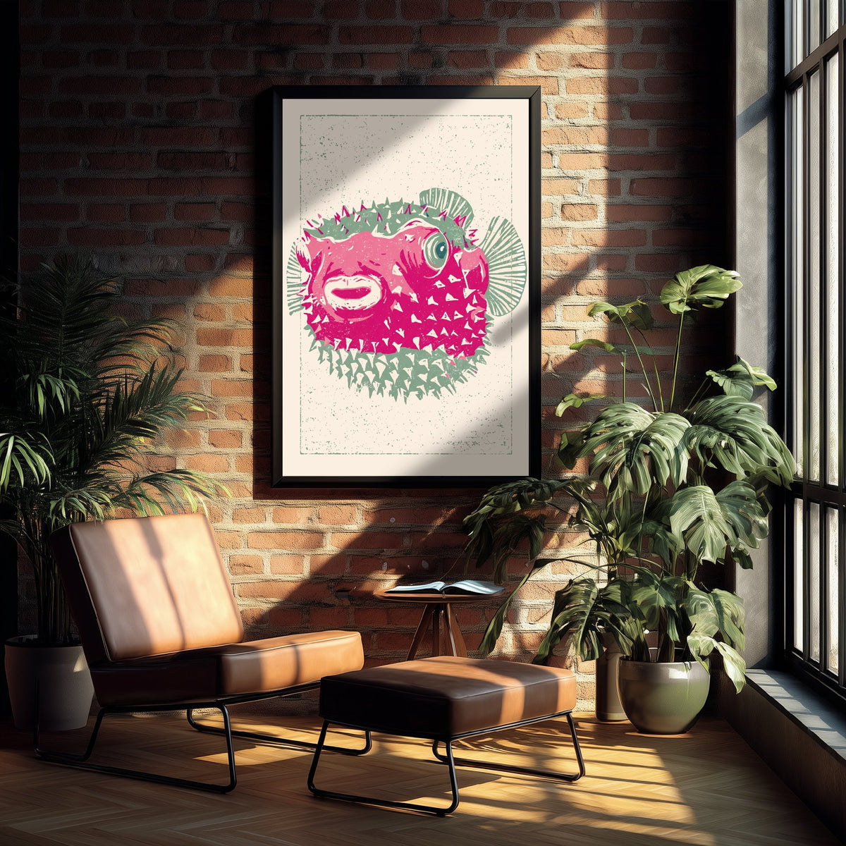 Pufferfish Poster - Spiky Pink Blowfish Art Print - Quirky Linocut Style Fish Woodcut Illustration V2 2/3