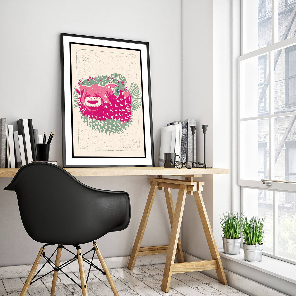 Pufferfish Poster - Spiky Pink Blowfish Art Print - Quirky Linocut Style Fish Woodcut Illustration V2 2/3