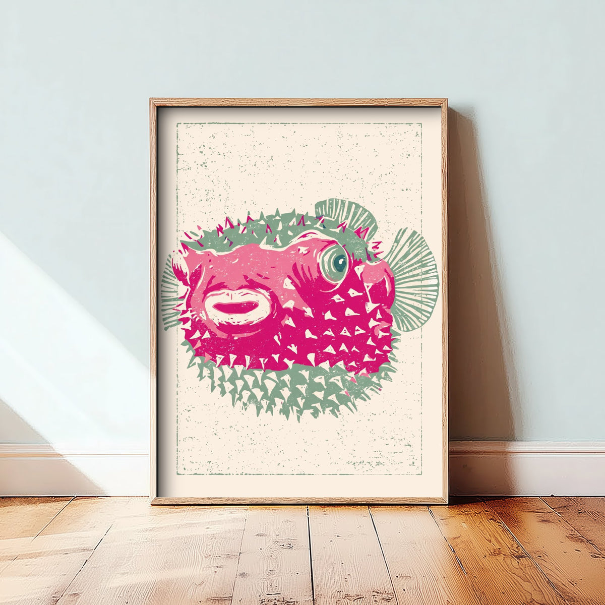 Pufferfish Poster - Spiky Pink Blowfish Art Print - Quirky Linocut Style Fish Woodcut Illustration V2 2/3