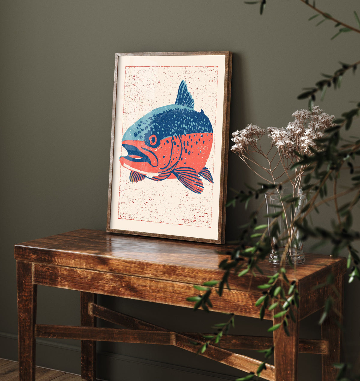 Rainbow Trout Art Print - Blue and Coral Fish Poster - Angler Linocut Style Woodcut Illustration V2 3/3