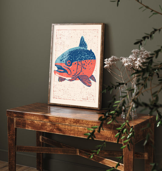 Rainbow Trout Art Print - Blue and Coral Fish Poster - Angler Linocut Style Woodcut Illustration V2 3/3