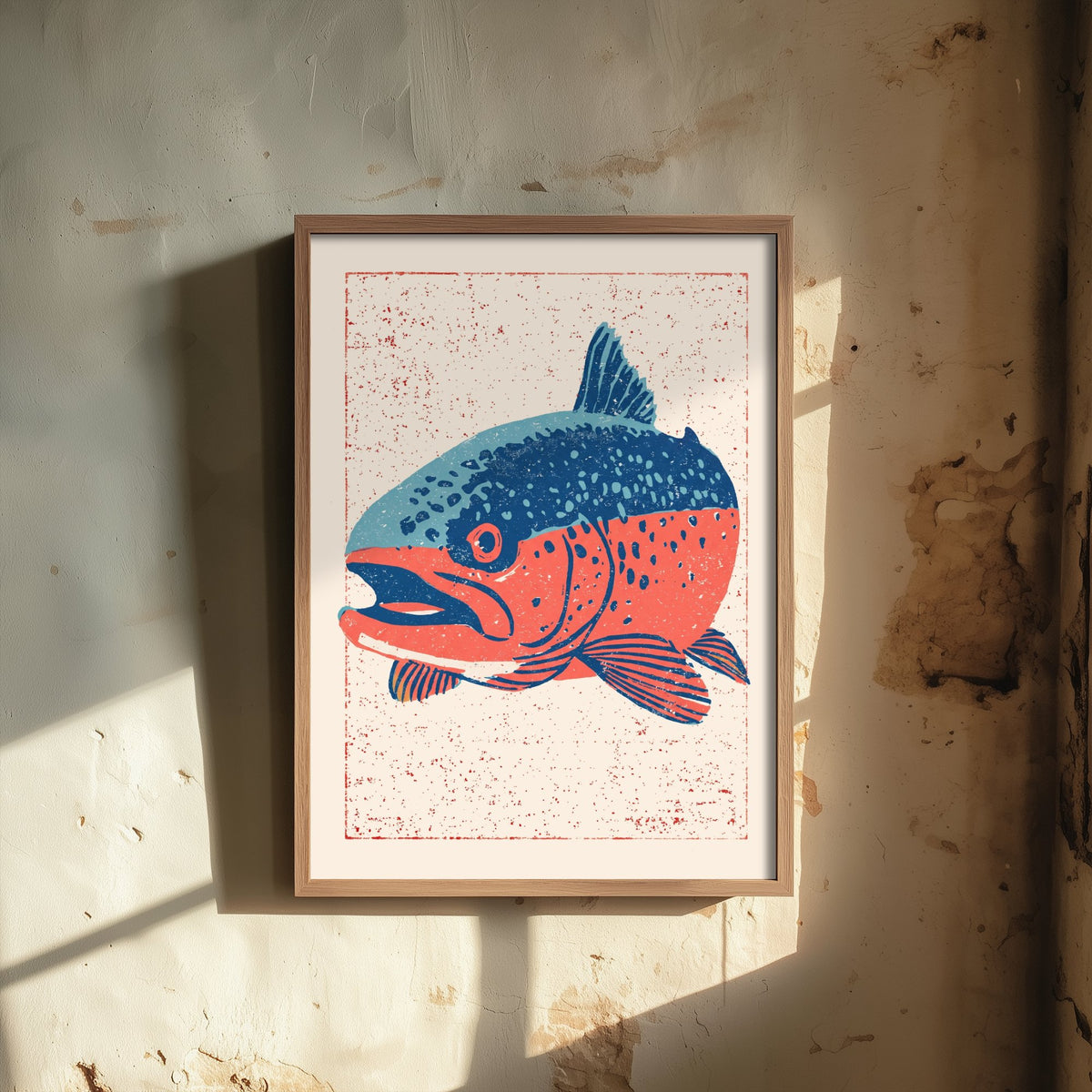 Rainbow Trout Art Print - Blue and Coral Fish Poster - Angler Linocut Style Woodcut Illustration V2 3/3