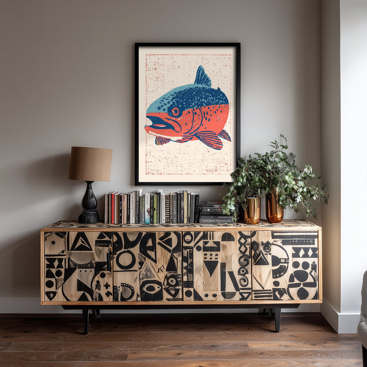 Rainbow Trout Art Print - Blue and Coral Fish Poster - Angler Linocut Style Woodcut Illustration V2 3/3