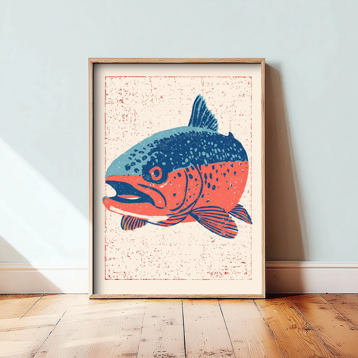 Rainbow Trout Art Print - Blue and Coral Fish Poster - Angler Linocut Style Woodcut Illustration V2 3/3