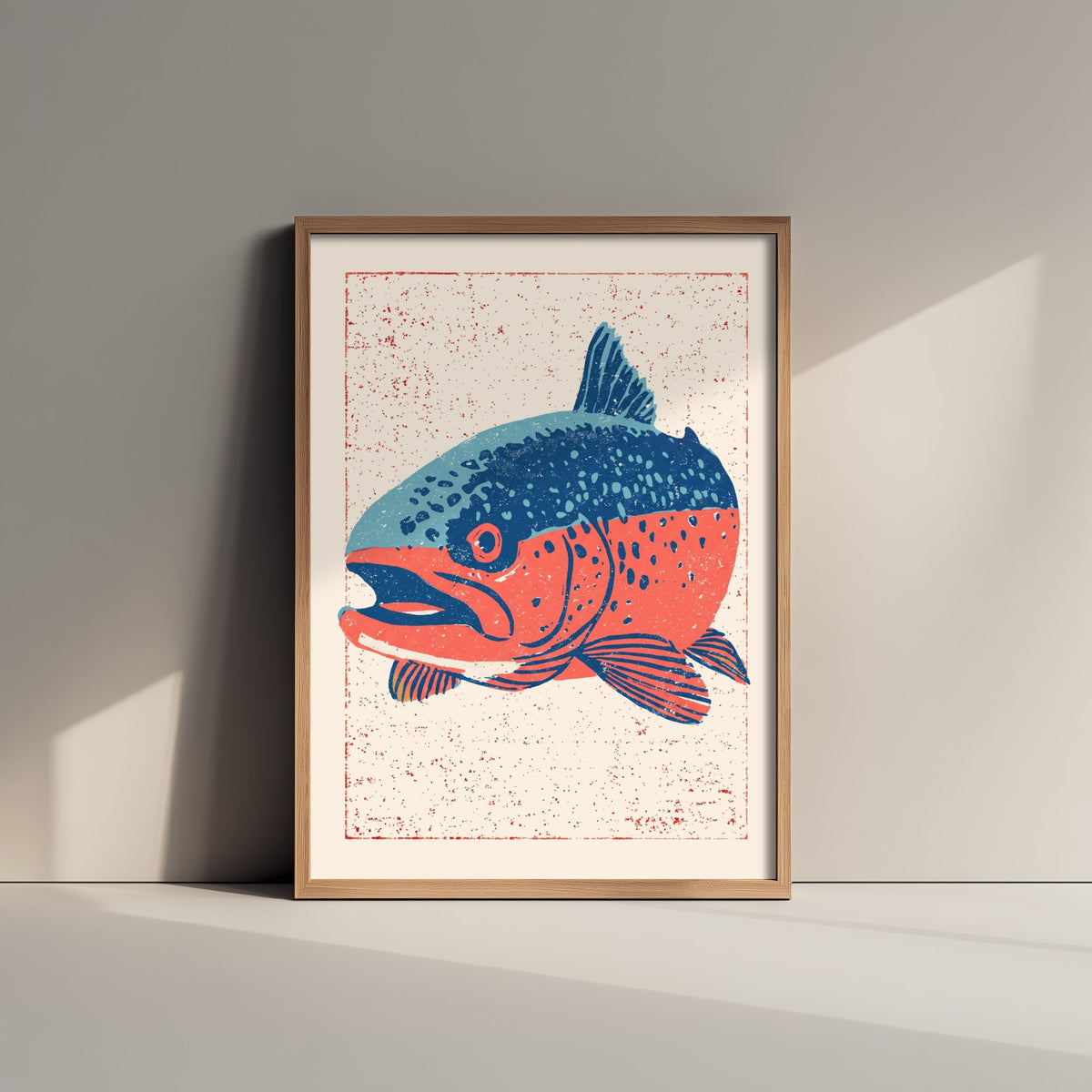 Rainbow Trout Art Print - Blue and Coral Fish Poster - Angler Linocut Style Woodcut Illustration V2 3/3