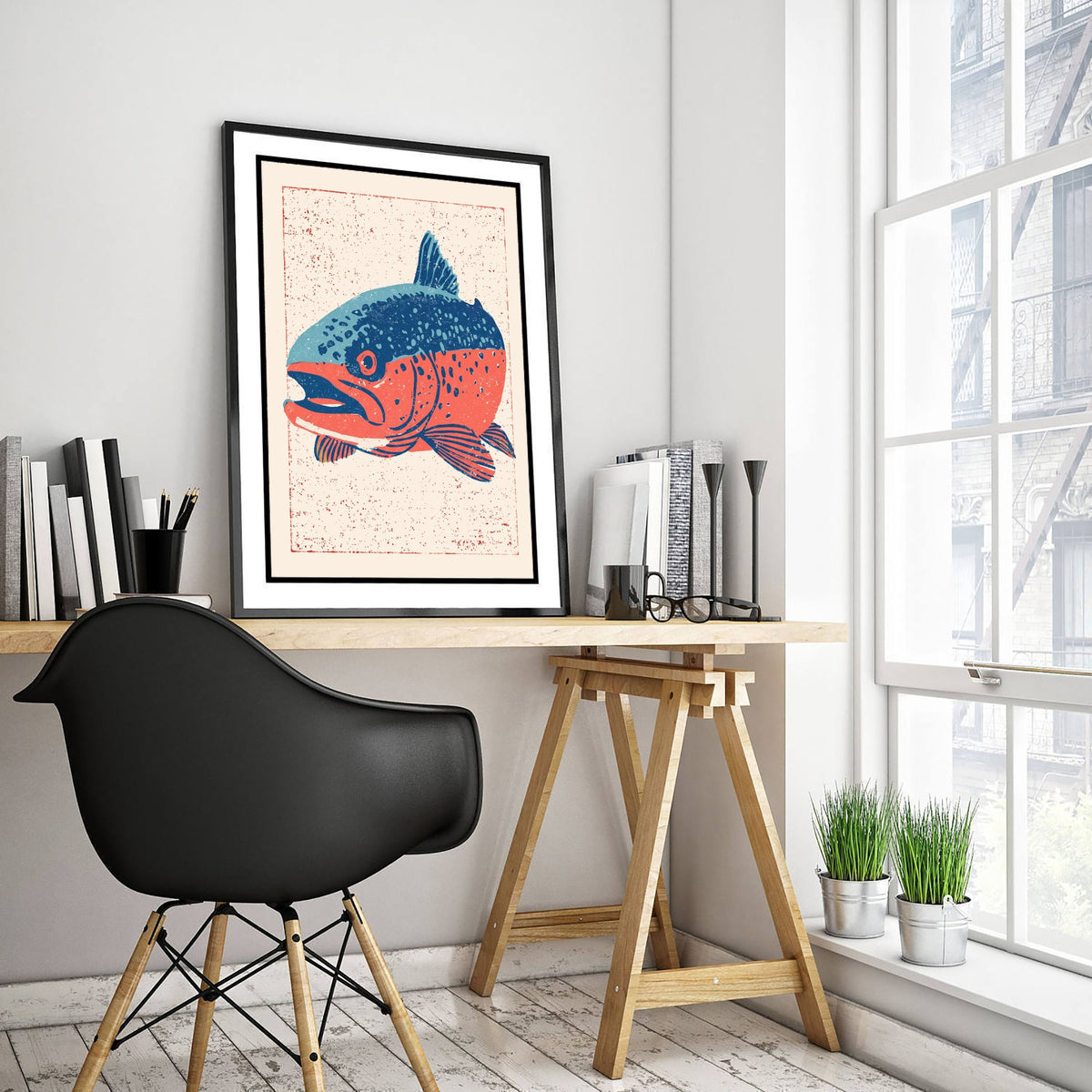 Rainbow Trout Art Print - Blue and Coral Fish Poster - Angler Linocut Style Woodcut Illustration V2 3/3