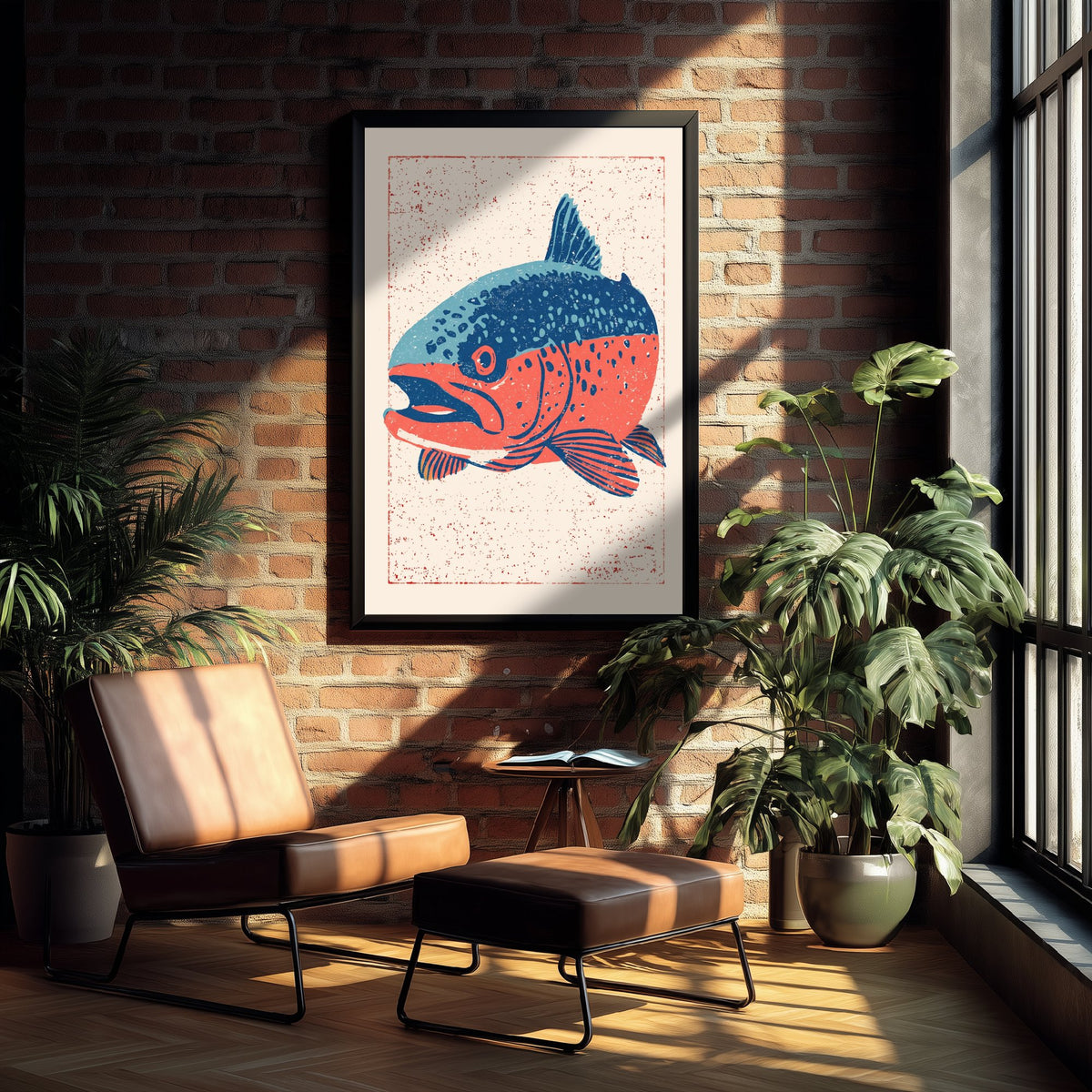 Rainbow Trout Art Print - Blue and Coral Fish Poster - Angler Linocut Style Woodcut Illustration V2 3/3