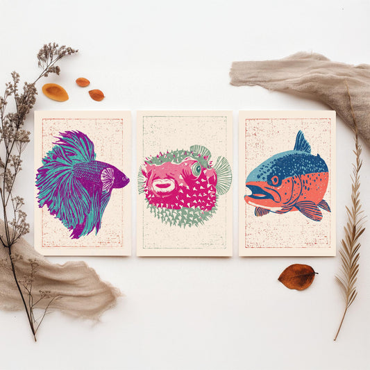 Fish Linocut Set of Three Art Prints - Betta, Pufferfish, Trout - Quirky Fish Poster Woodcut Illustration V2