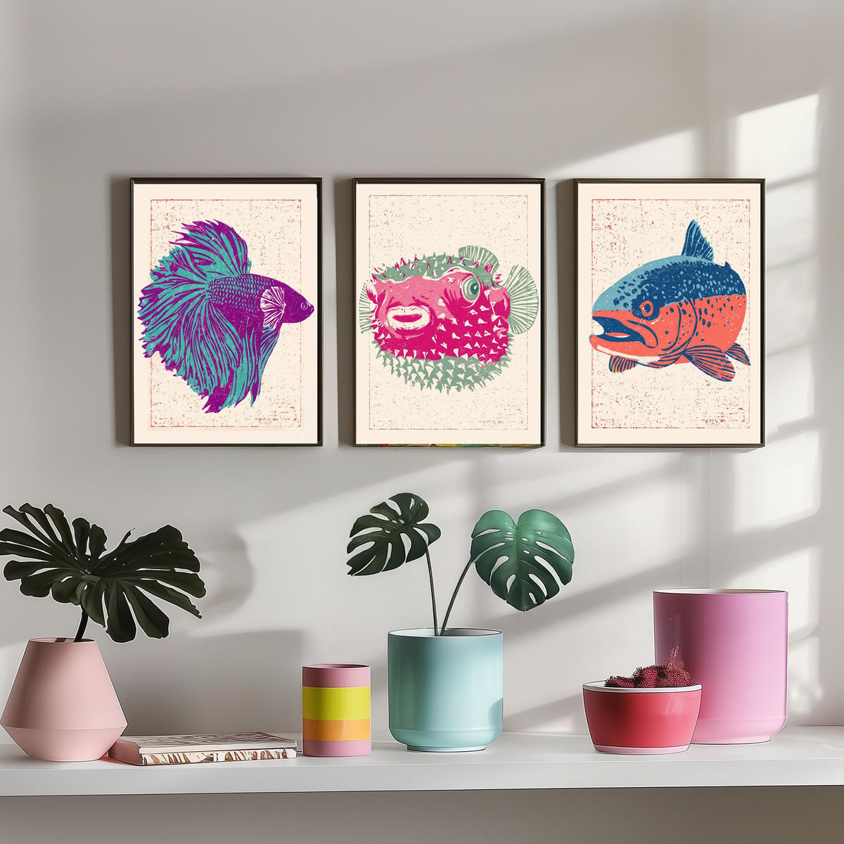 Fish Linocut Set of Three Art Prints - Betta, Pufferfish, Trout - Quirky Fish Poster Woodcut Illustration V2