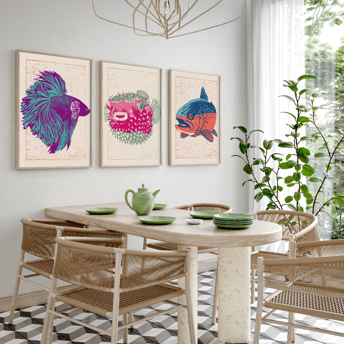 Fish Linocut Set of Three Art Prints - Betta, Pufferfish, Trout - Quirky Fish Poster Woodcut Illustration V2