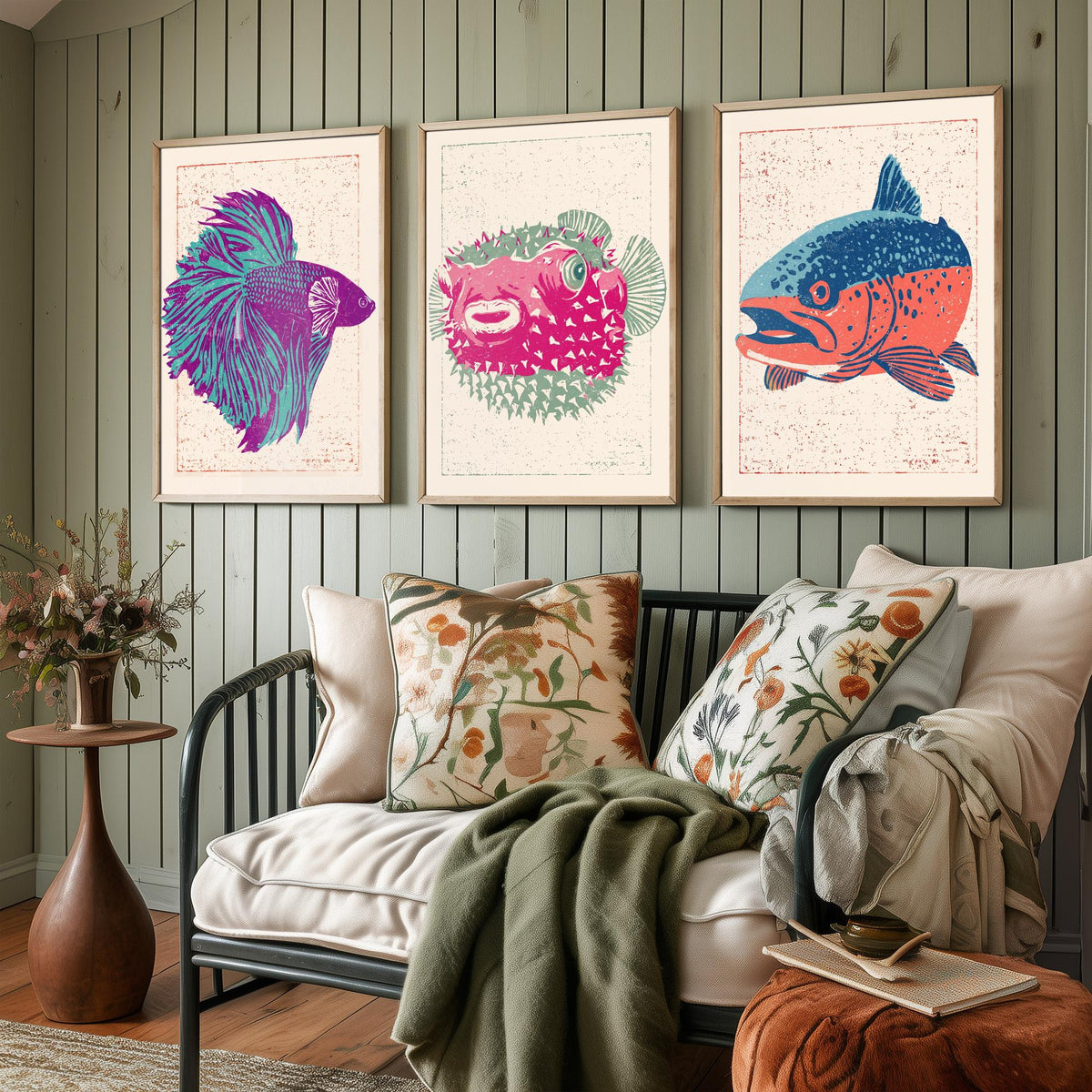 Fish Linocut Set of Three Art Prints - Betta, Pufferfish, Trout - Quirky Fish Poster Woodcut Illustration V2