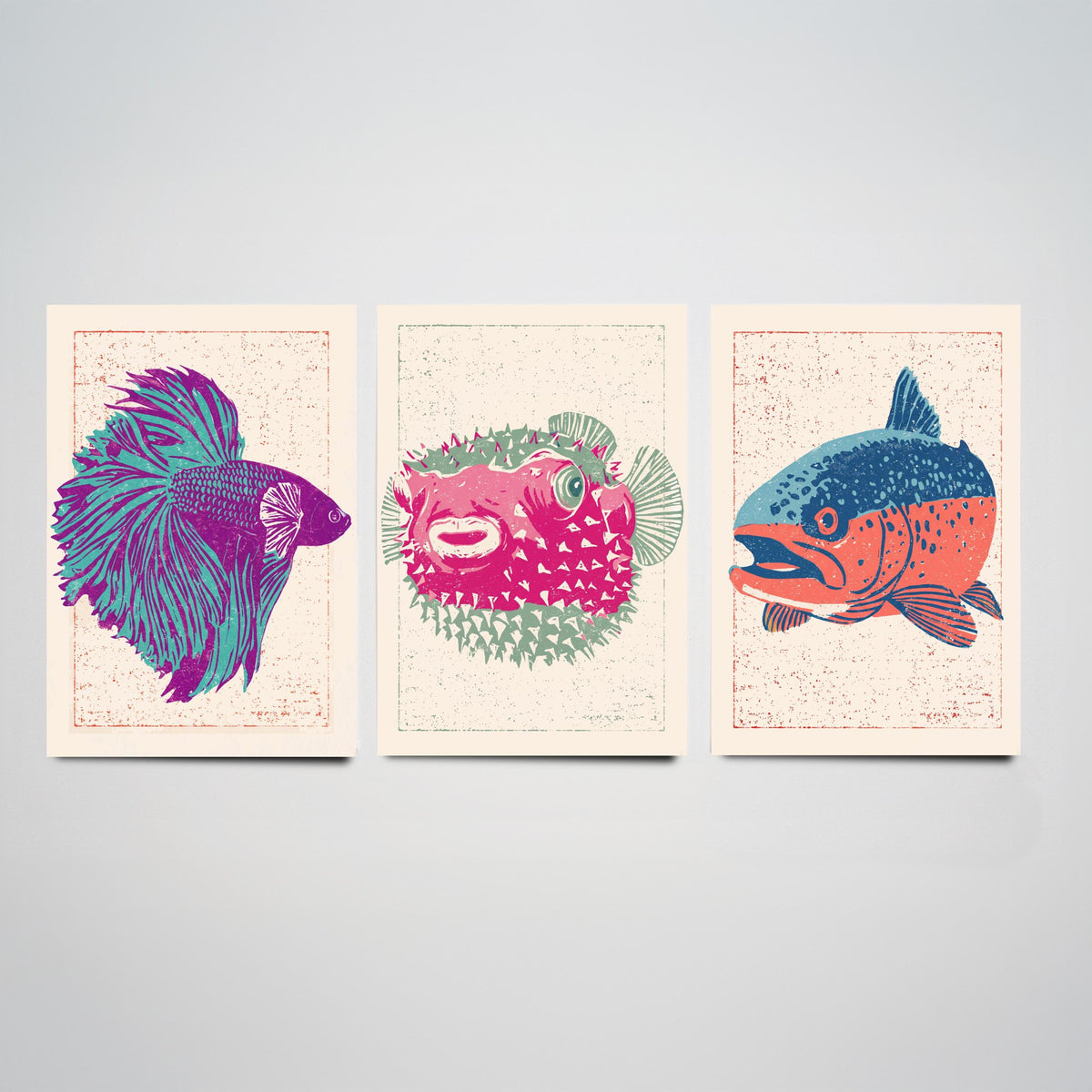 Fish Linocut Set of Three Art Prints - Betta, Pufferfish, Trout - Quirky Fish Poster Woodcut Illustration V2