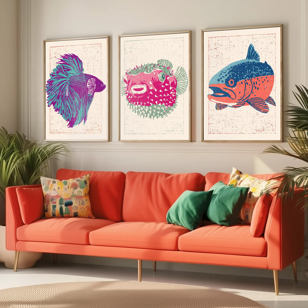 Fish Linocut Set of Three Art Prints - Betta, Pufferfish, Trout - Quirky Fish Poster Woodcut Illustration V2