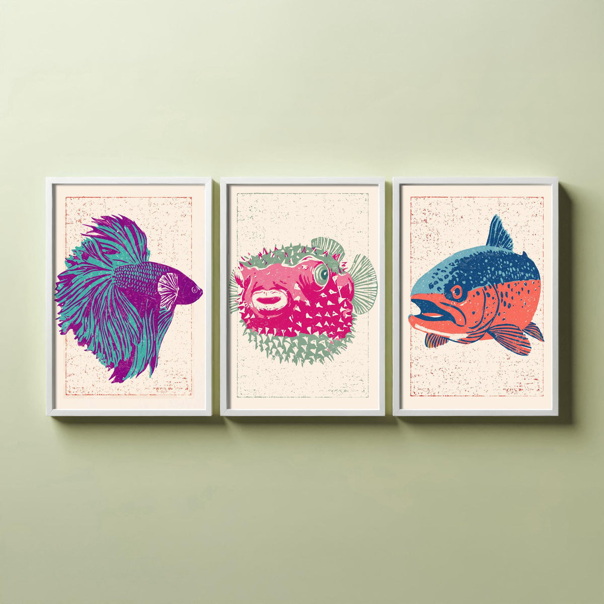 Fish Linocut Set of Three Art Prints - Betta, Pufferfish, Trout - Quirky Fish Poster Woodcut Illustration V2
