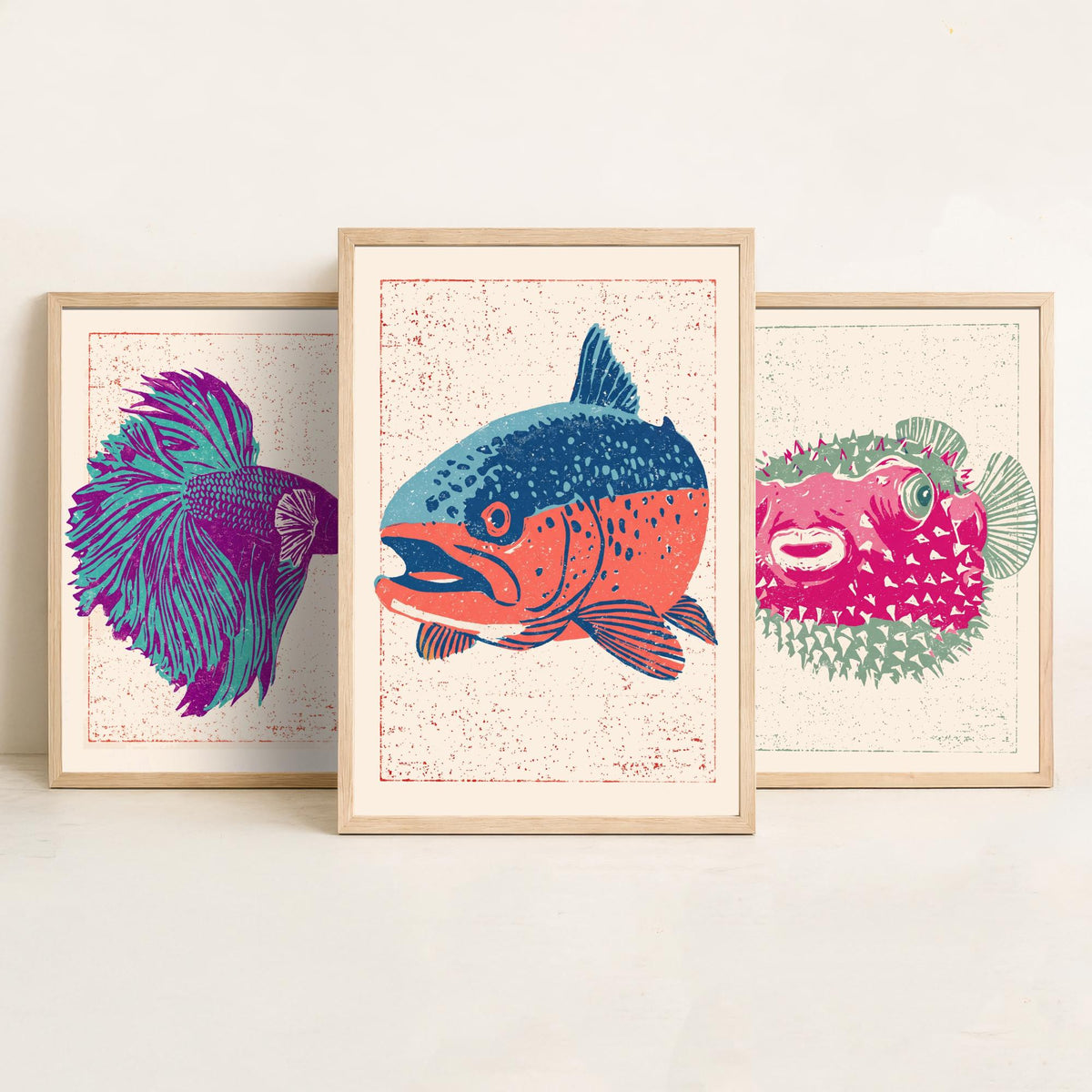 Fish Linocut Set of Three Art Prints - Betta, Pufferfish, Trout - Quirky Fish Poster Woodcut Illustration V2