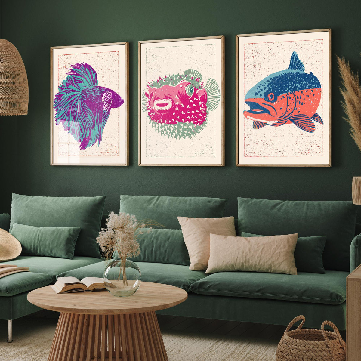 Fish Linocut Set of Three Art Prints - Betta, Pufferfish, Trout - Quirky Fish Poster Woodcut Illustration V2
