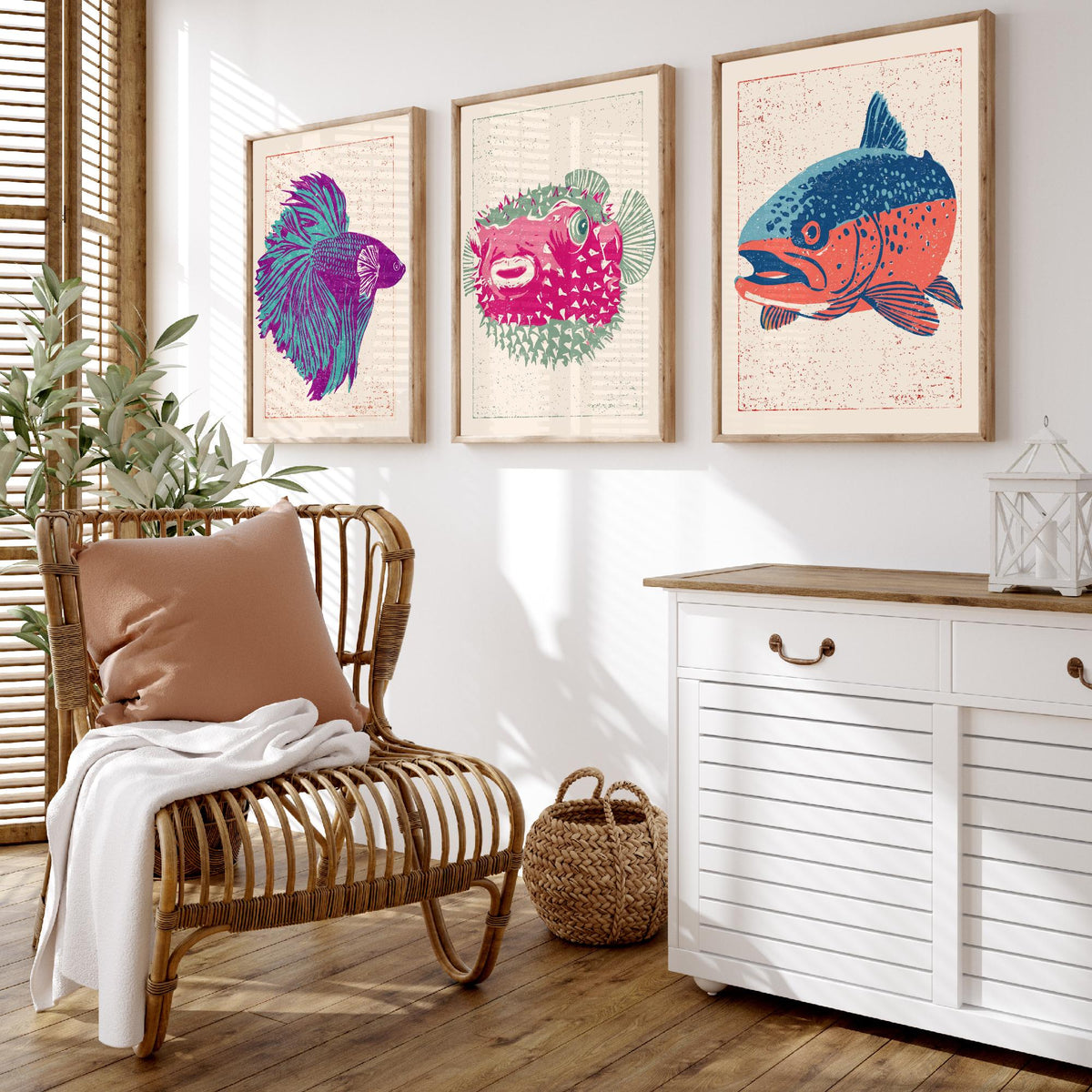 Fish Linocut Set of Three Art Prints - Betta, Pufferfish, Trout - Quirky Fish Poster Woodcut Illustration V2