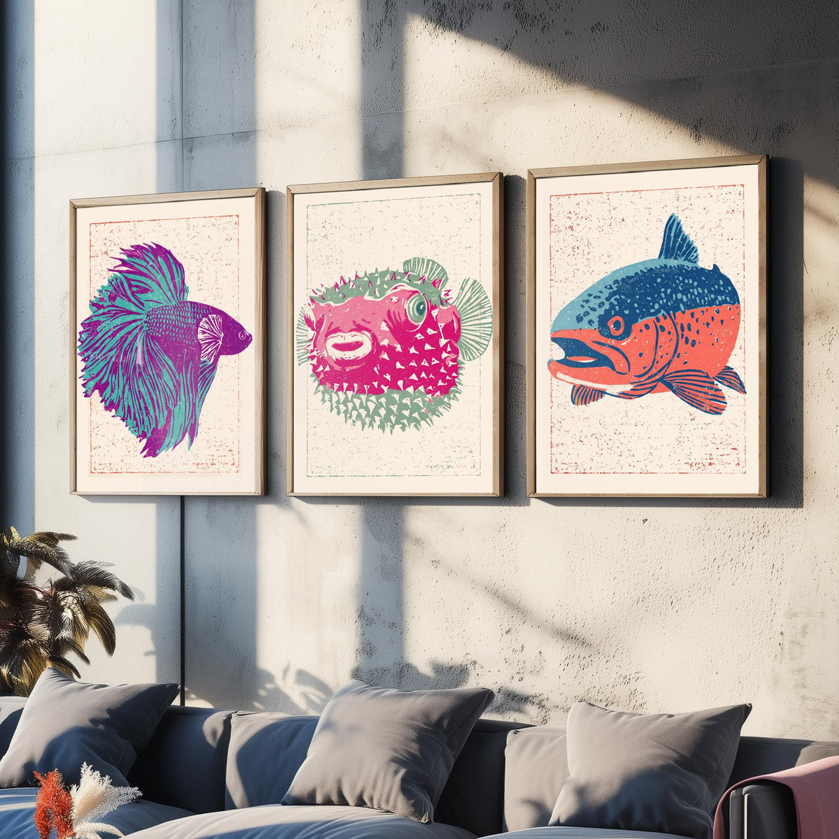 Fish Linocut Set of Three Art Prints - Betta, Pufferfish, Trout - Quirky Fish Poster Woodcut Illustration V2