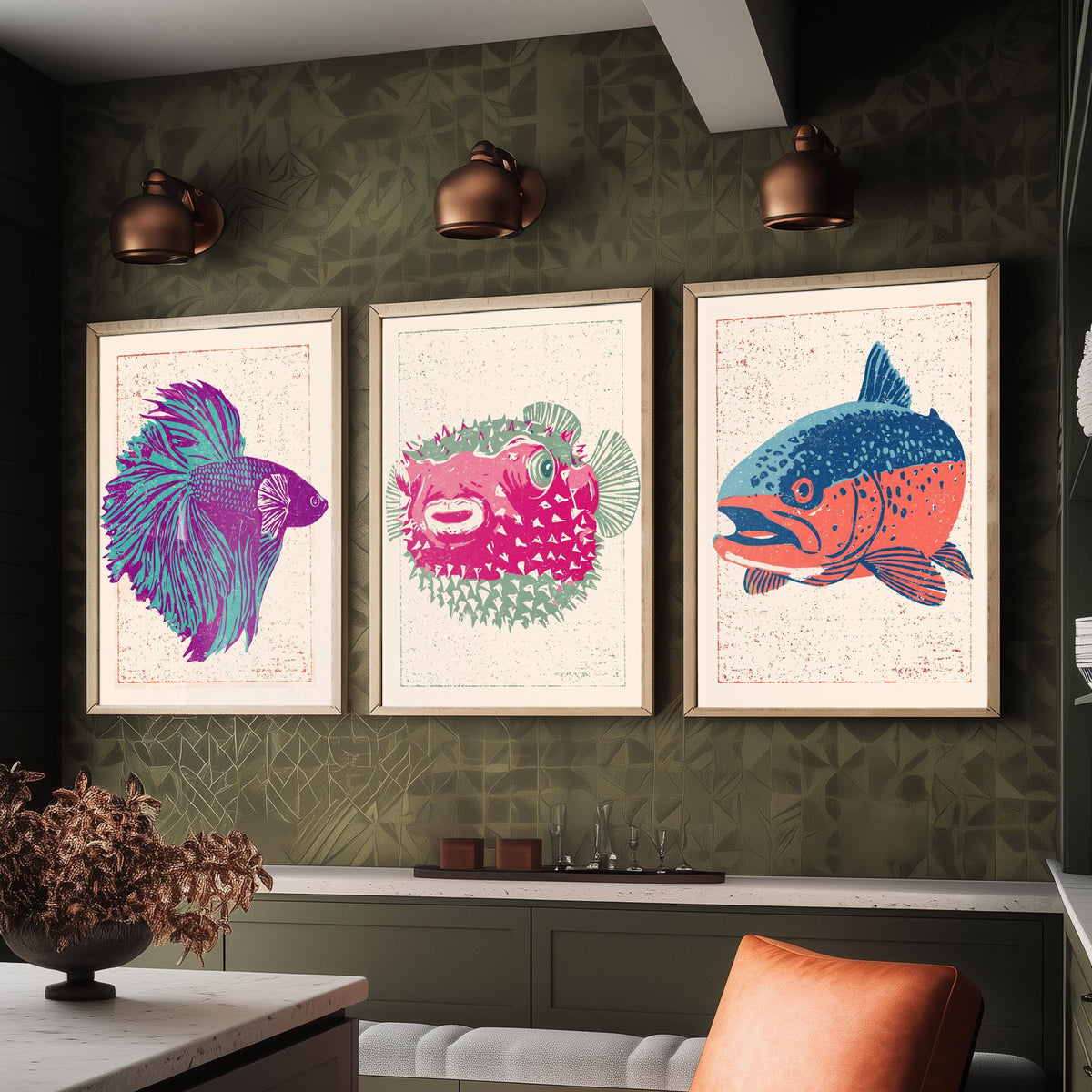 Fish Linocut Set of Three Art Prints - Betta, Pufferfish, Trout - Quirky Fish Poster Woodcut Illustration V2