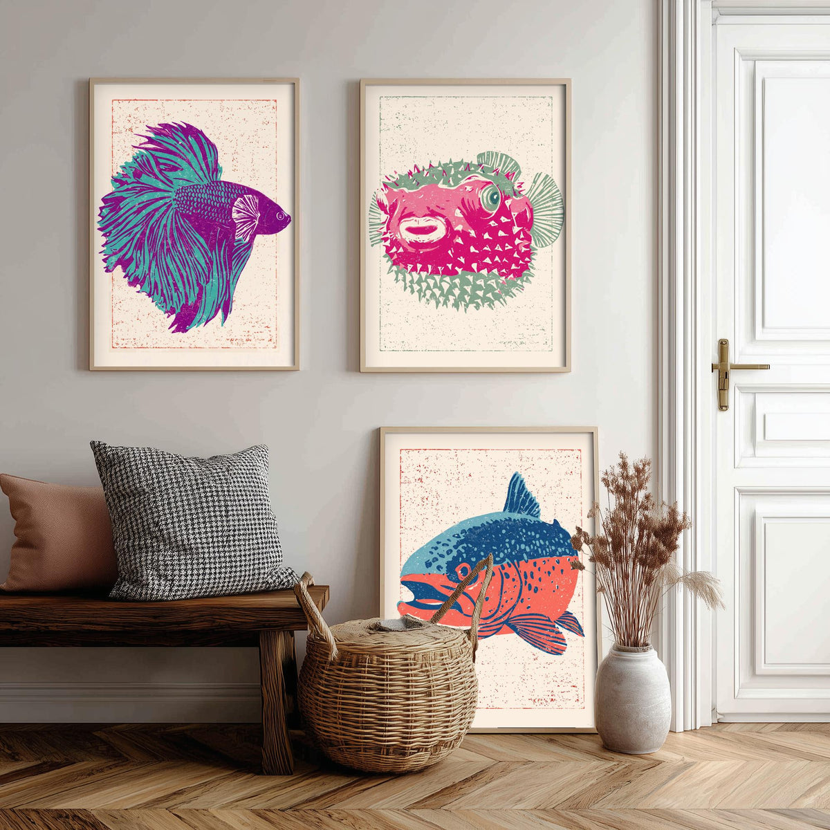 Fish Linocut Set of Three Art Prints - Betta, Pufferfish, Trout - Quirky Fish Poster Woodcut Illustration V2