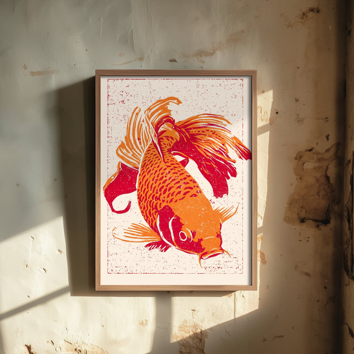 Fancy Goldfish Art Print - Diving Orange and Red Fish Poster - Linocut Style Woodcut Illustration V1 1/3