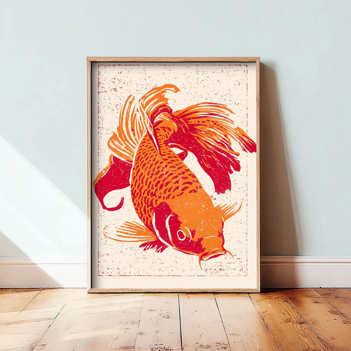 Fancy Goldfish Art Print - Diving Orange and Red Fish Poster - Linocut Style Woodcut Illustration V1 1/3