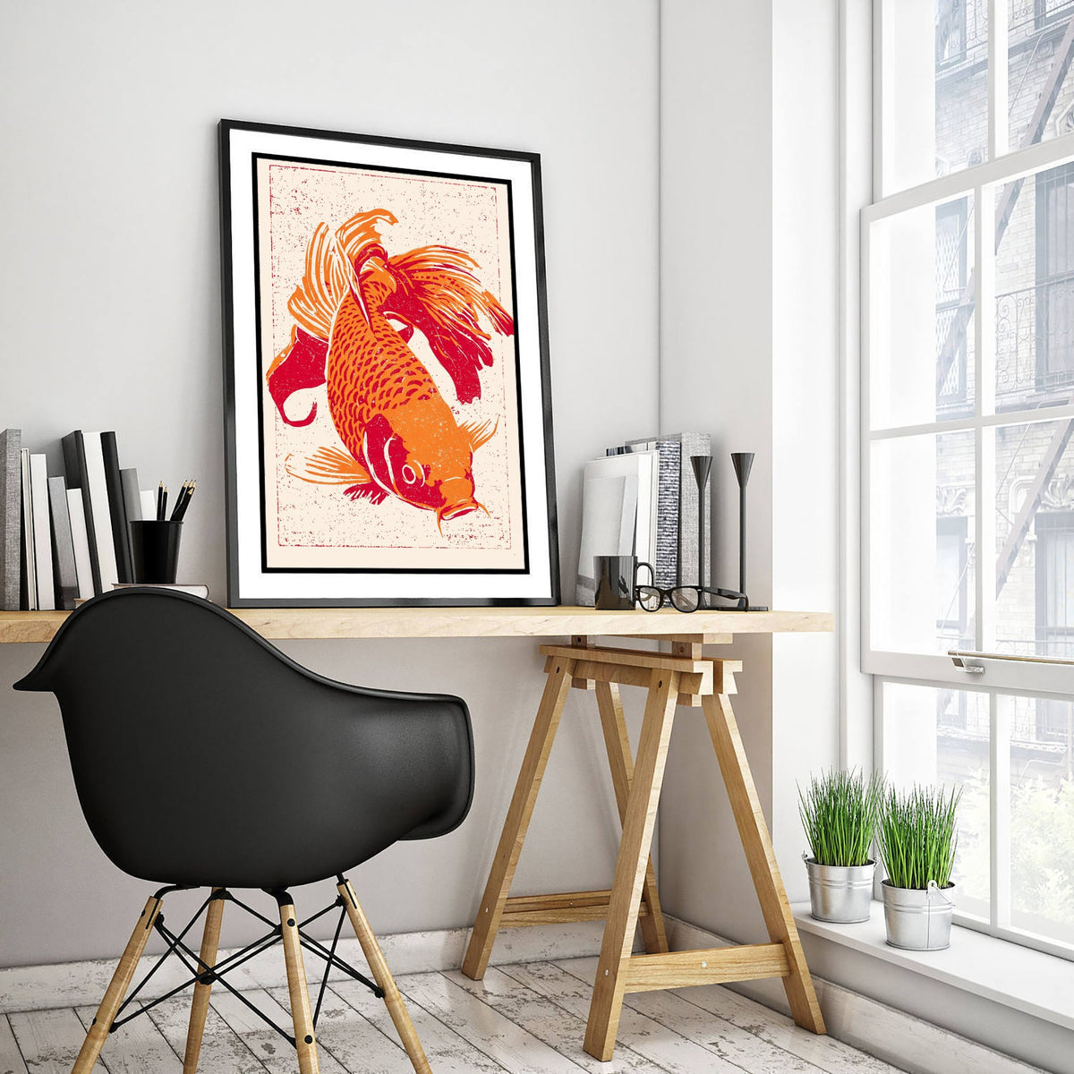 Fancy Goldfish Art Print - Diving Orange and Red Fish Poster - Linocut Style Woodcut Illustration V1 1/3
