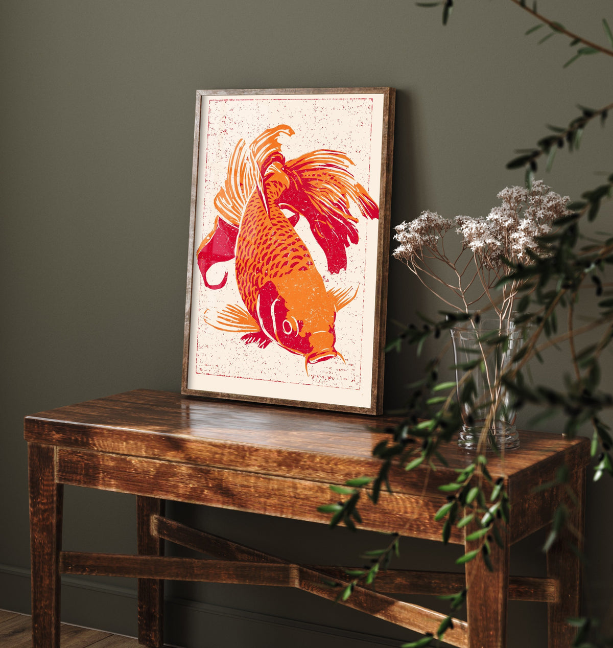 Fancy Goldfish Art Print - Diving Orange and Red Fish Poster - Linocut Style Woodcut Illustration V1 1/3
