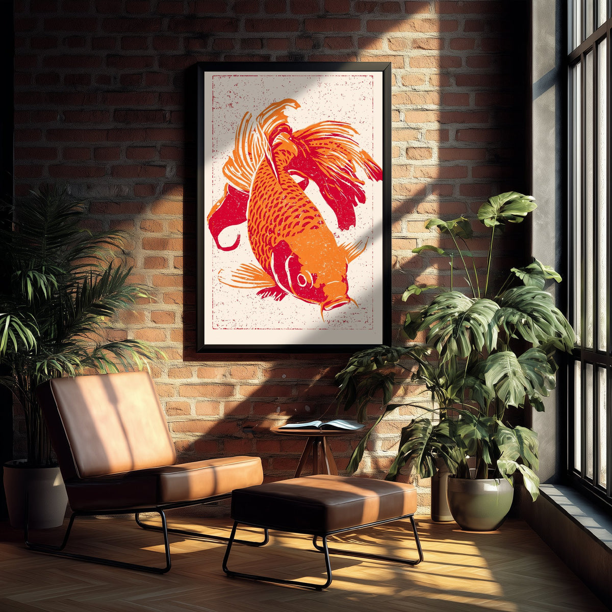 Fancy Goldfish Art Print - Diving Orange and Red Fish Poster - Linocut Style Woodcut Illustration V1 1/3