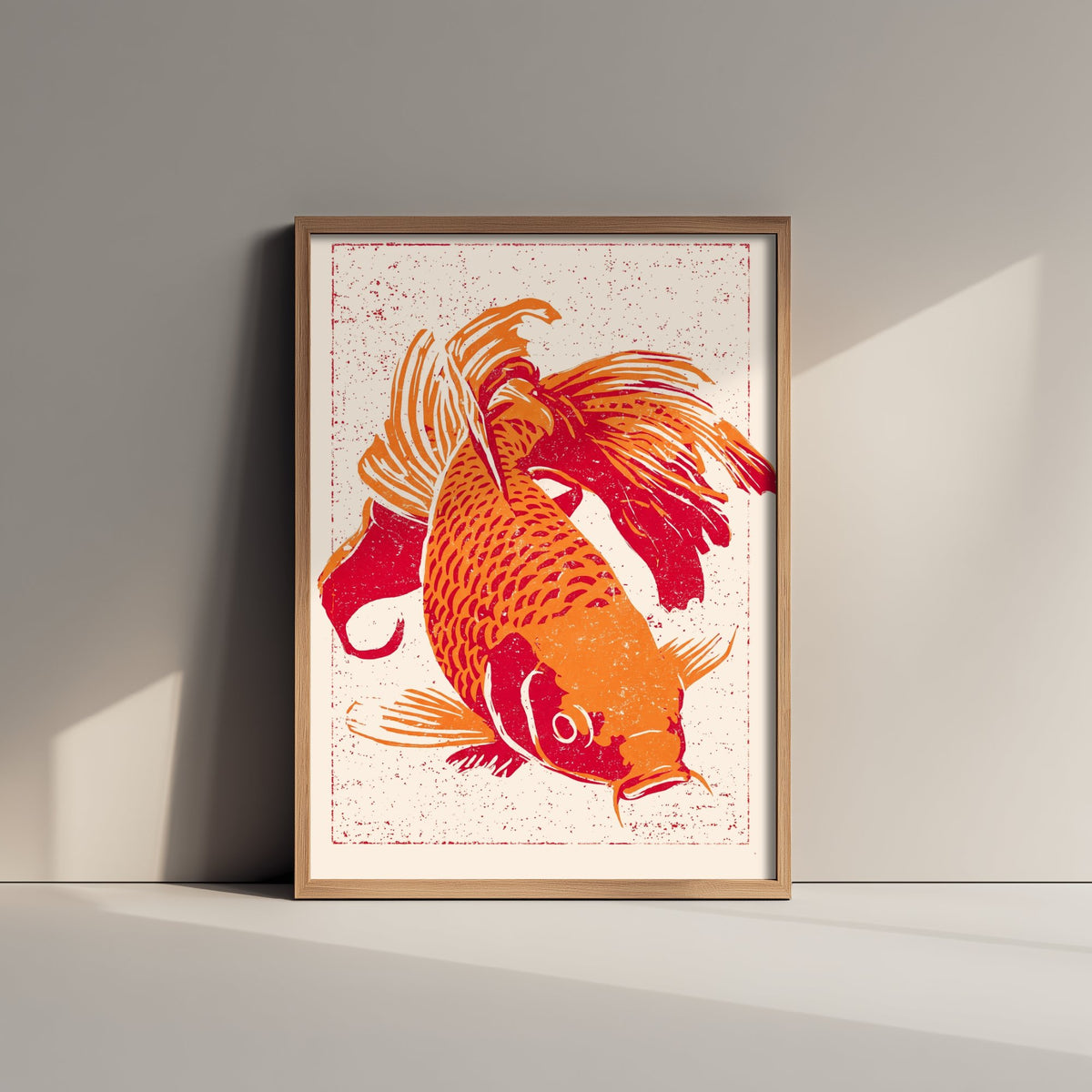 Fancy Goldfish Art Print - Diving Orange and Red Fish Poster - Linocut Style Woodcut Illustration V1 1/3