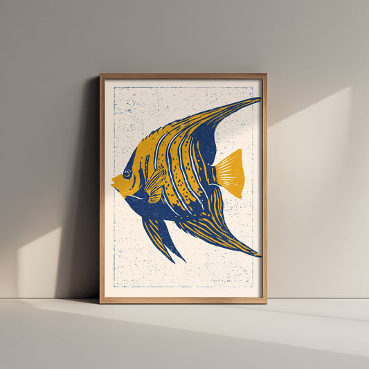 Angelfish Poster - Navy and Mustard Striped Fish Art Print - Bold Linocut Woodcut Illustration V1 2/3