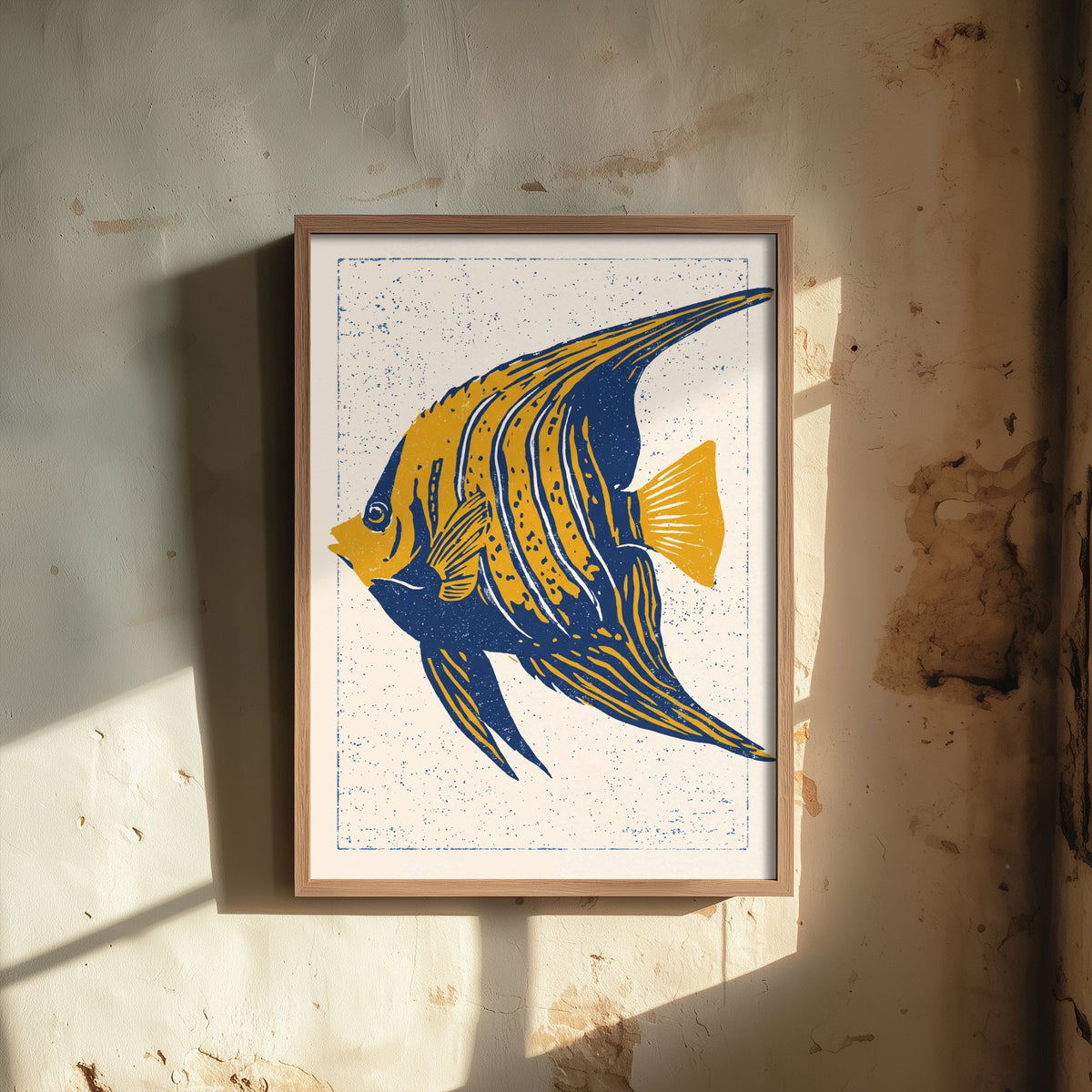 Angelfish Poster - Navy and Mustard Striped Fish Art Print - Bold Linocut Woodcut Illustration V1 2/3