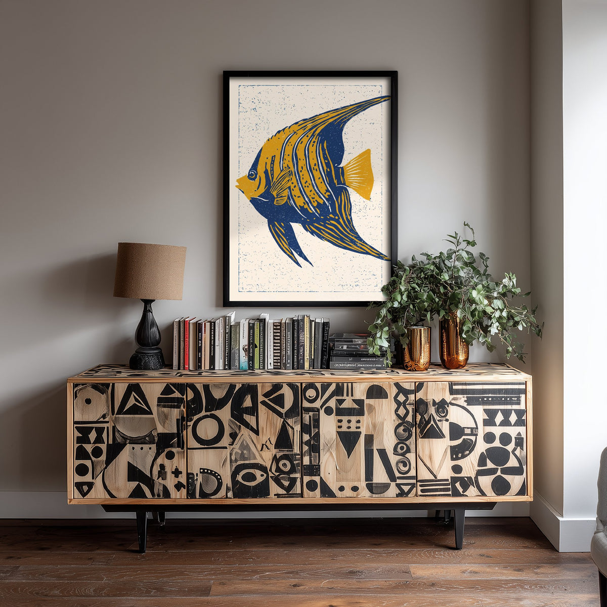 Angelfish Poster - Navy and Mustard Striped Fish Art Print - Bold Linocut Woodcut Illustration V1 2/3