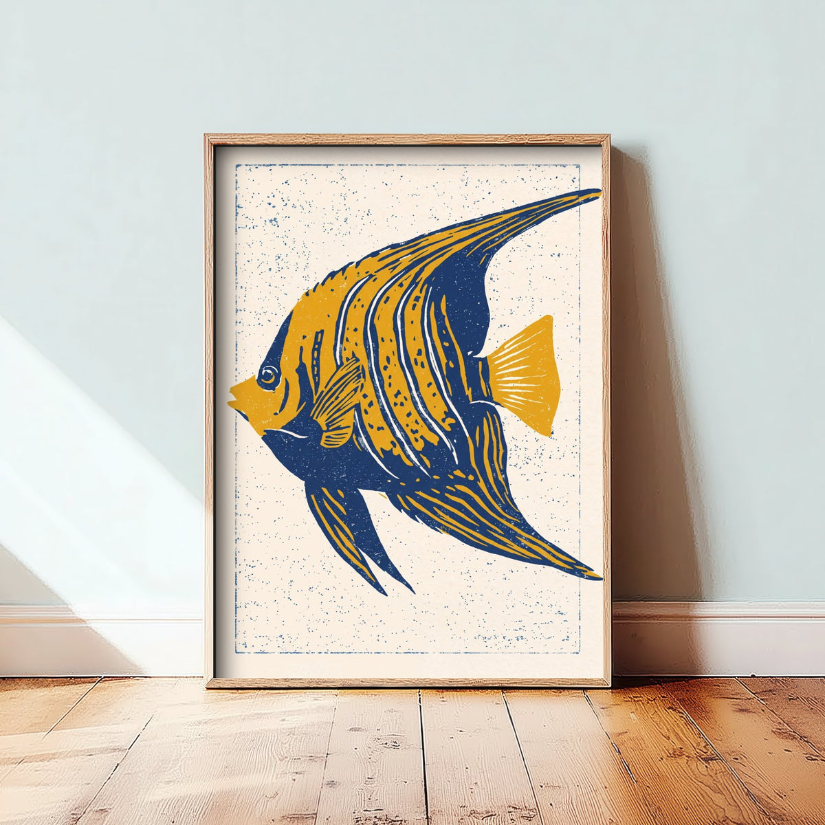Angelfish Poster - Navy and Mustard Striped Fish Art Print - Bold Linocut Woodcut Illustration V1 2/3