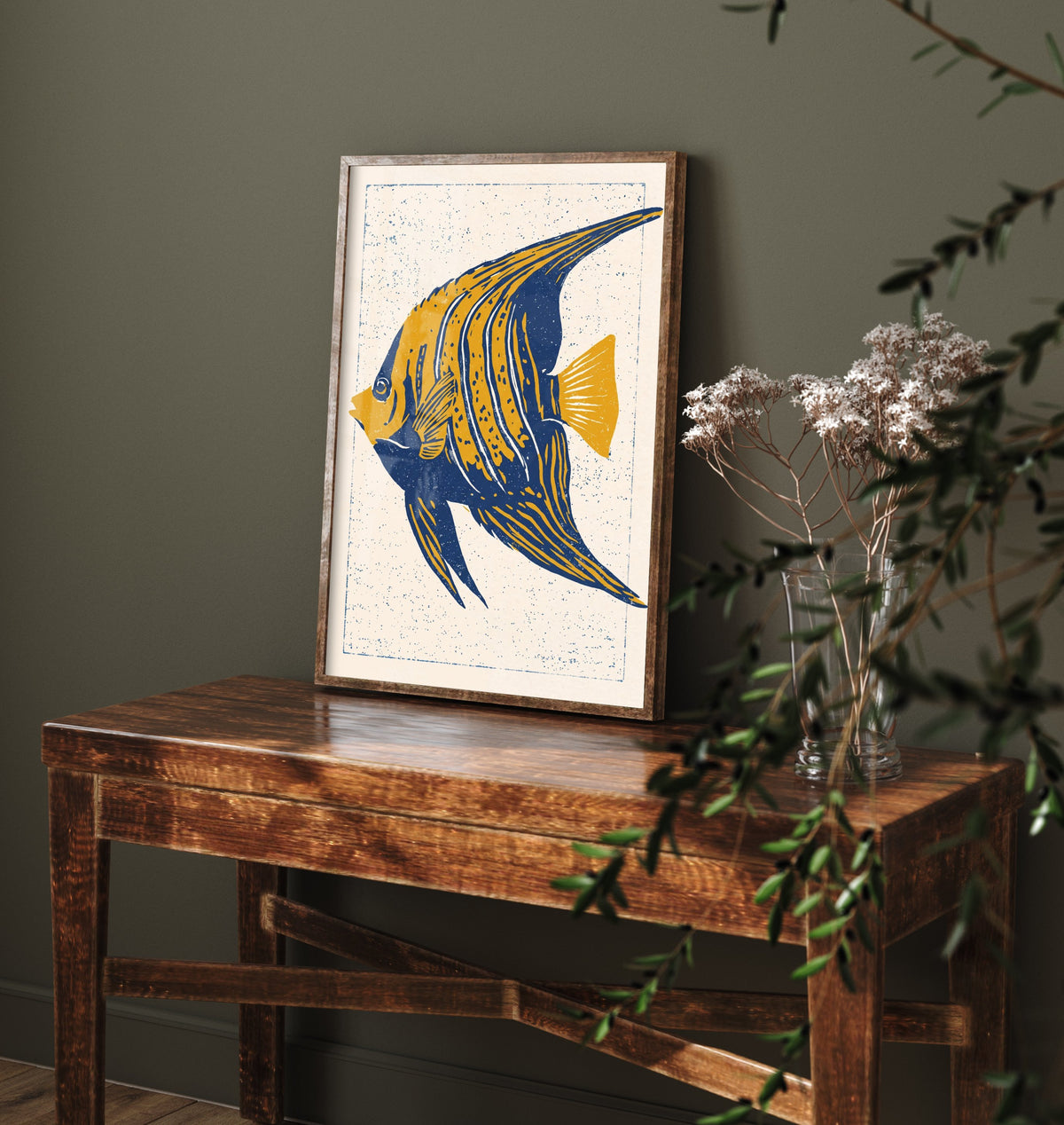 Angelfish Poster - Navy and Mustard Striped Fish Art Print - Bold Linocut Woodcut Illustration V1 2/3