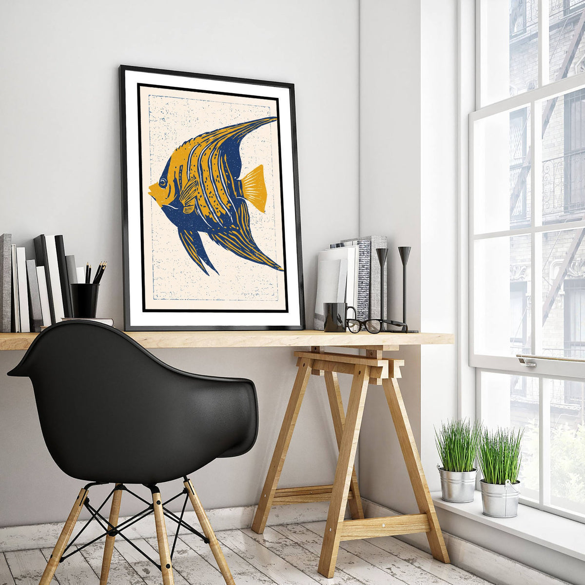 Angelfish Poster - Navy and Mustard Striped Fish Art Print - Bold Linocut Woodcut Illustration V1 2/3