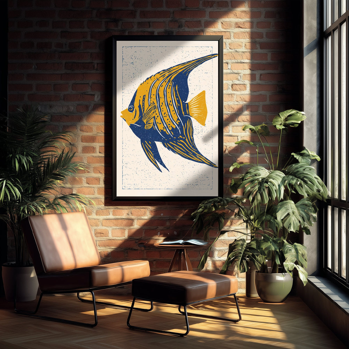 Angelfish Poster - Navy and Mustard Striped Fish Art Print - Bold Linocut Woodcut Illustration V1 2/3