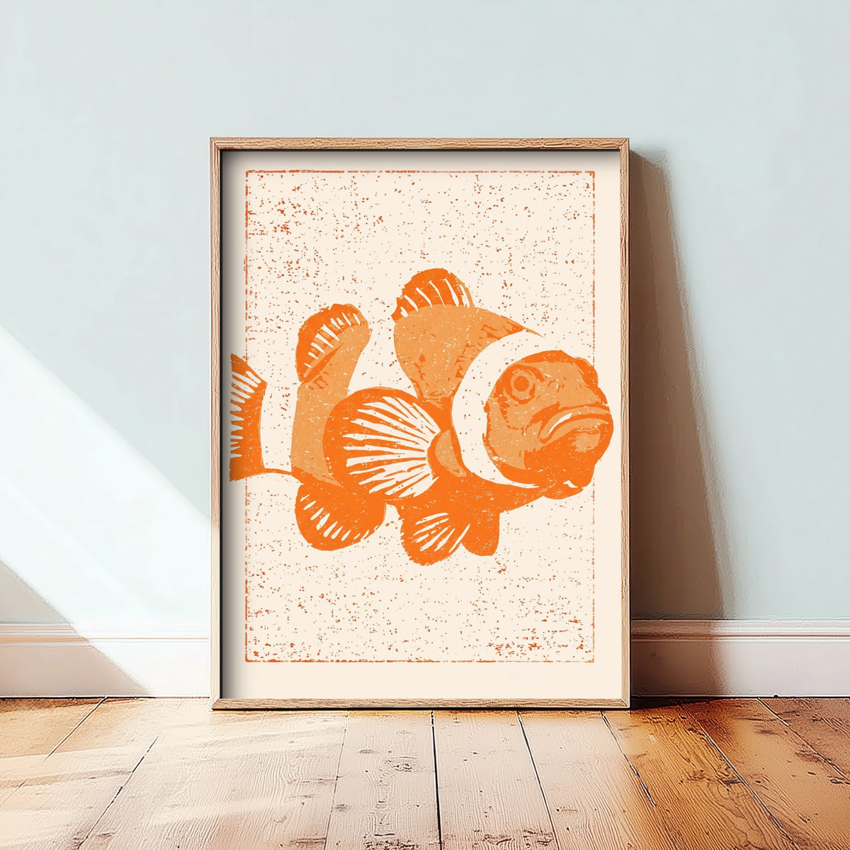 Clownfish Art Print - Tangerine Reef Fish Poster - Kids Room Linocut Style Woodcut Illustration V1 3/3