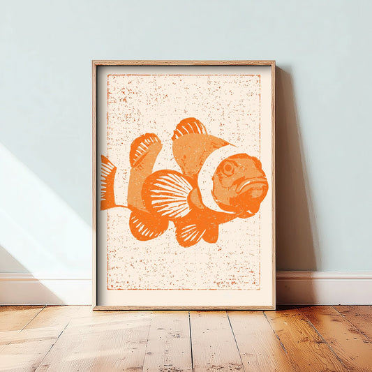 Clownfish Art Print - Tangerine Reef Fish Poster - Kids Room Linocut Style Woodcut Illustration V1 3/3