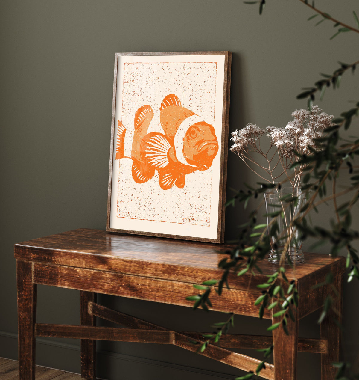 Clownfish Art Print - Tangerine Reef Fish Poster - Kids Room Linocut Style Woodcut Illustration V1 3/3