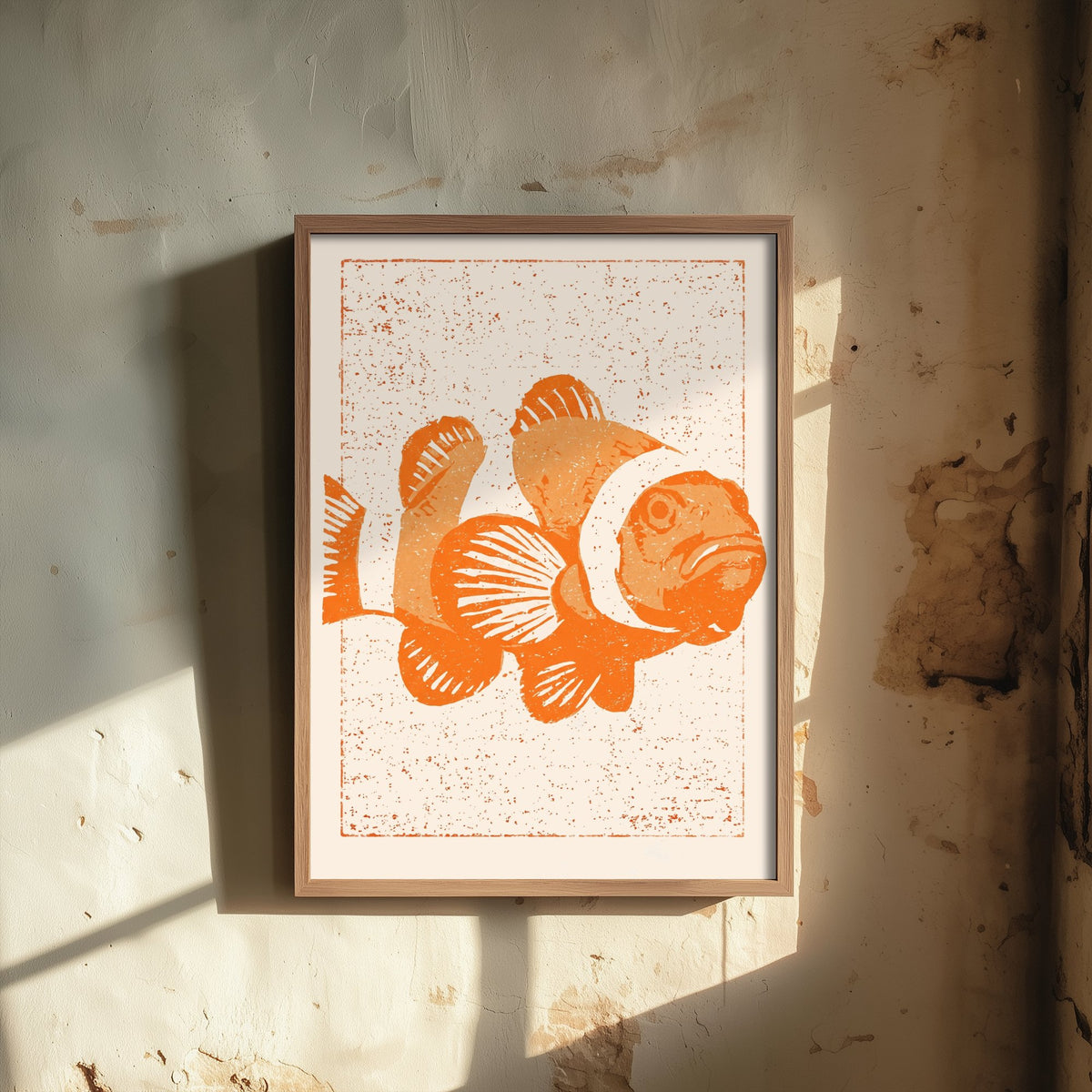 Clownfish Art Print - Tangerine Reef Fish Poster - Kids Room Linocut Style Woodcut Illustration V1 3/3