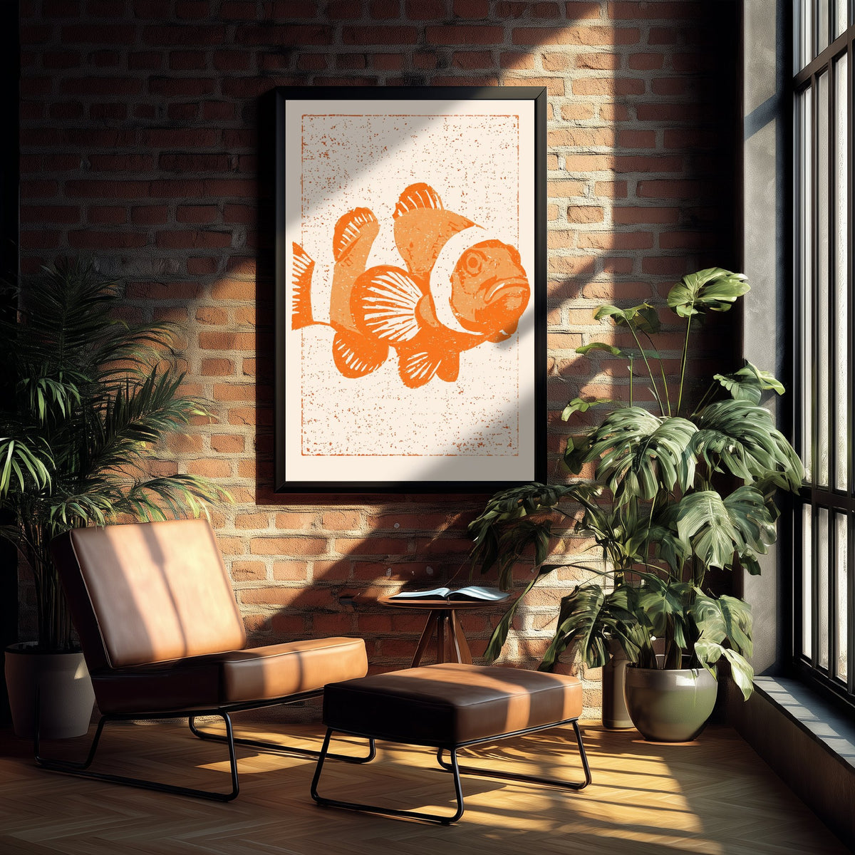 Clownfish Art Print - Tangerine Reef Fish Poster - Kids Room Linocut Style Woodcut Illustration V1 3/3