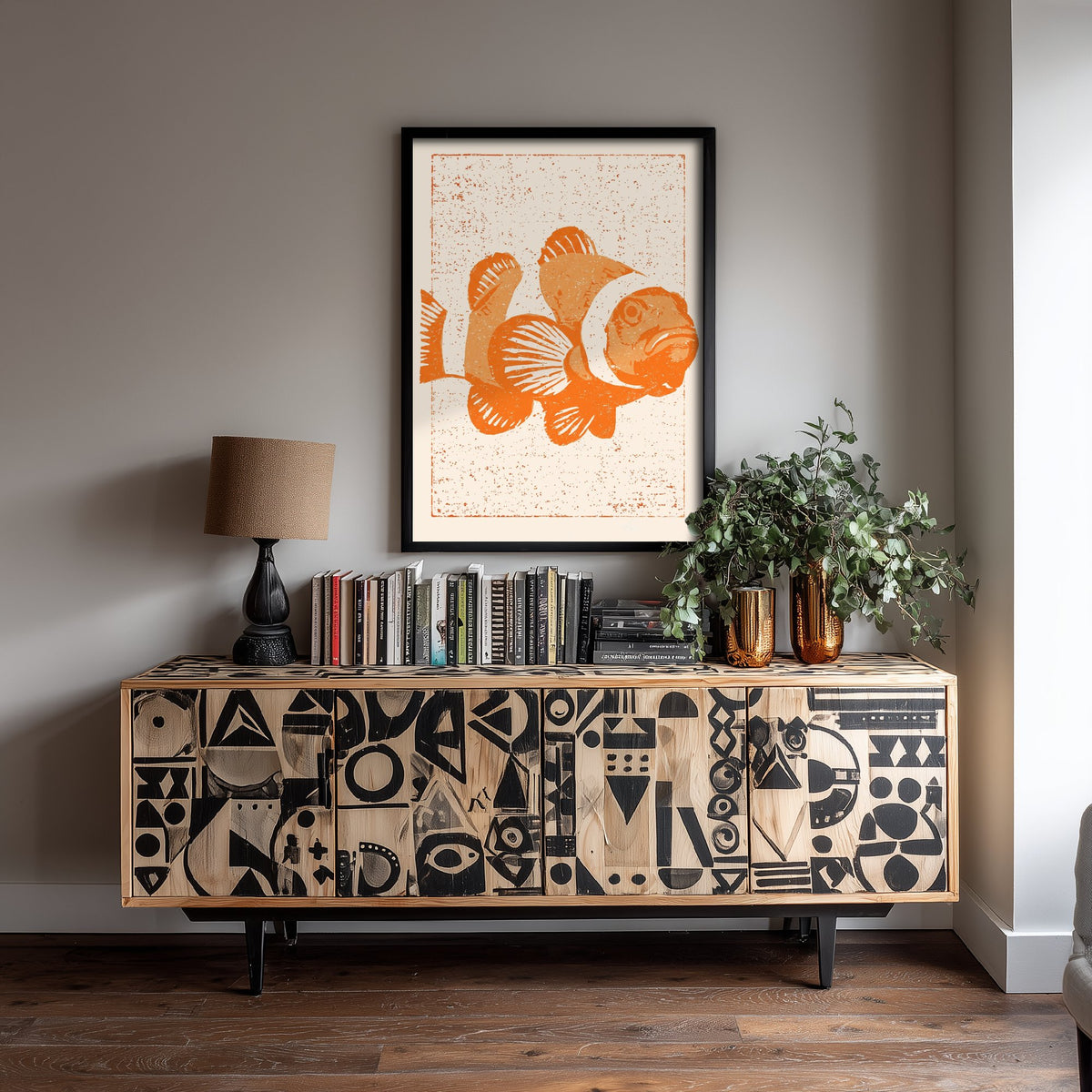 Clownfish Art Print - Tangerine Reef Fish Poster - Kids Room Linocut Style Woodcut Illustration V1 3/3