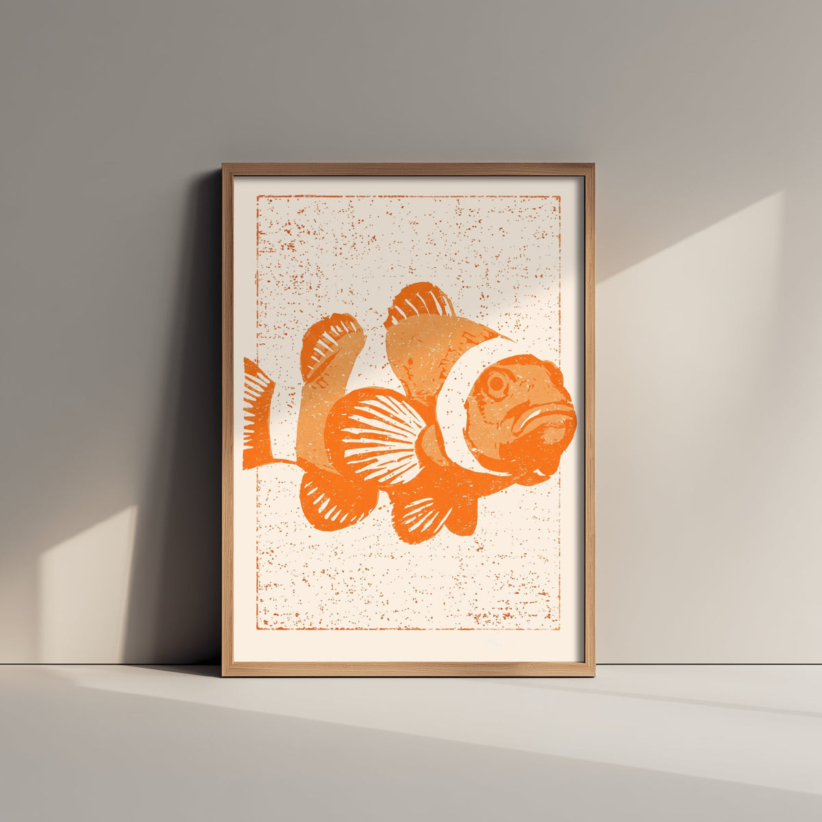 Clownfish Art Print - Tangerine Reef Fish Poster - Kids Room Linocut Style Woodcut Illustration V1 3/3
